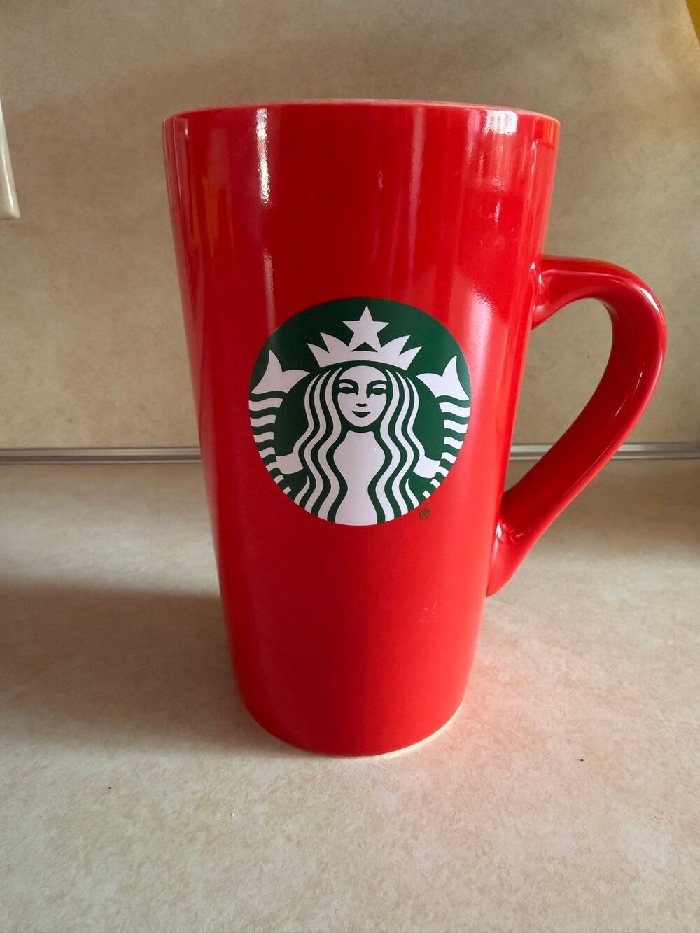 Starbucks 2024 Tall Red Ceramic Coffee Mug Cup Classic Mermaid Green Logo 16oz